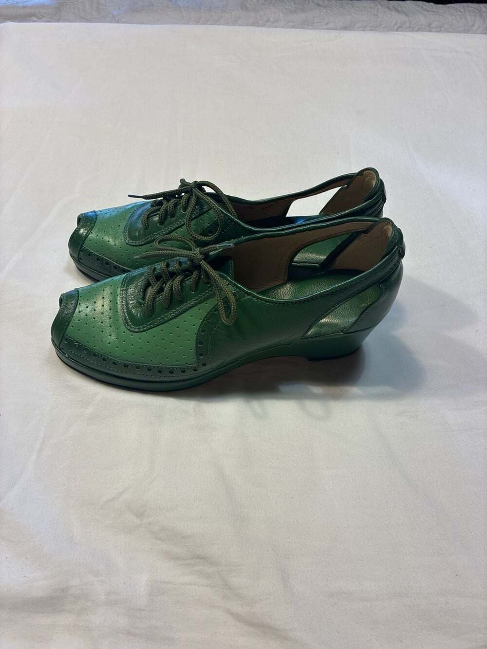 Re-Mix Vintage Shoes Spectator Green Leather Peep Toe Wedge Oxfords - Picture 4 of 11
